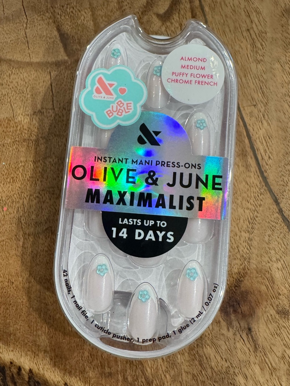Olive & June Press-On Nails Almond Medium Puffy Flower Chrome French NEW